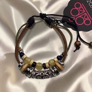 Paparazzi Urban Collection Brown Leather Green Cord Beaded Adjustable Bracelet